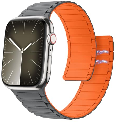 Astorgos Correa Magnética Compatible con Apple Watch Series 9 8 7 6 5 4 3 2 1 SE 38/40/41mm, Correa de Silicona Ajustable, Gris Naranja