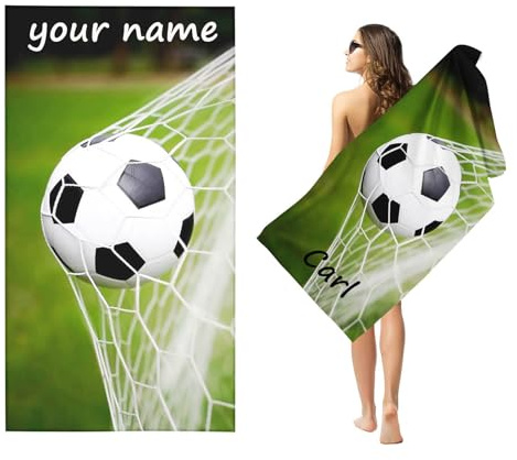 Fadaing Personalisiert Fußball Strandtuch Mit Namen, Fußball Handtuch mit Namen Badetuch für Jungen, Mikrofaser Strandtuch Groß 90x180cm Badetuch Handtuch Fußball für Strand (80 x 160 cm,1)