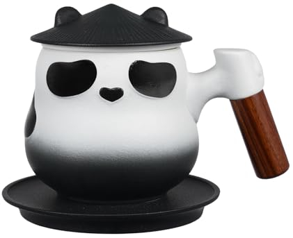 ZENS Gifts for Dad from Daughter, Novelty Panda Tea Infuser Mug with Lid and Saucer, 11oz Tea Strainer Cup with Wood Handle for Loose Tea Steeping, Gradient Ceramic Black Tea Mug Tea lovers gifts.