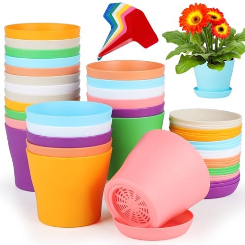 Aodaer 24 Pack 4 Inch Plastic Planters with Multiple Drainage Holes and Tray Indoor Outdoor Flower Plant Nursery Pots with Labels Flower Seedling Pots for Herb Garden Home Succulents, Assorted Colors