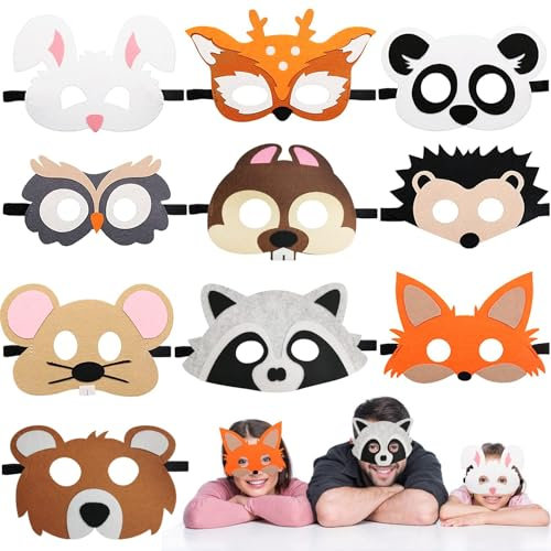 10 Stück Tiermasken Filz, Halbmasken für Kinder, Augenmaske für Geburtstag, Cosplay Masken zum Ausmalen, für Maskerade, Halloween, Weihnachten