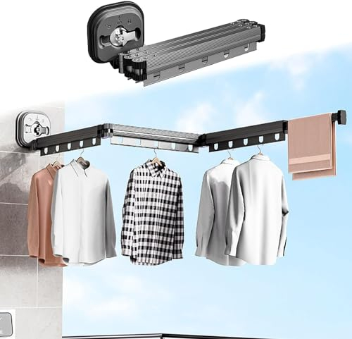 JHDZ Hemerch Tendedero retráctil para Ropa, Perchero retráctil montado en la Pared, Tendedero para Ropa con Ventosa, Tendedero portátil para organizadores del hogar,3 Folding Black