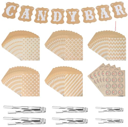 GOTFUN Candy Bar Accessori 72 pezzi, contiene 60 sacchetti Candy Bar e 6 pinze per zucchero, 5 adesivi e 1 ghirlanda decorativa Candy Bar, set di decorazioni per buffet, barbecue, caramelle, bar,