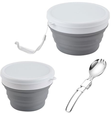 HAPPOW Geschirr Set für Camping, Inklusive 2 Faltbecher 1 Klapplöffel, Campingbesteck, Reisebesteck, Faltbare Zusammenklappbare Silikonschüssel S/L und Göffel Edelstahl, für Backpacking, Camping