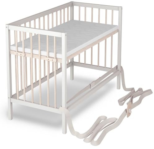 Sämann Baby Beistellbett 60x120 cm mit Premium Matratze SleepPlus - nutzbar von 0 bis 4 Jahre - umbaubar zum Babybett -Gurtsystem & höhenverstellbar - weiß/Natur (mit SleepPlus Matratze, weiß/Natur)