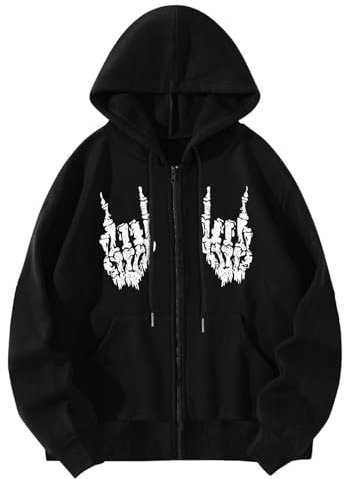 Femmes Squelette Imprimer Gothique À Manches Longues Hoodies Zipper Sweat À Capuche Thermique avec Manteau De Poche Veste Femme Printemps Ete Grande Taille Gilets (Black, XL)