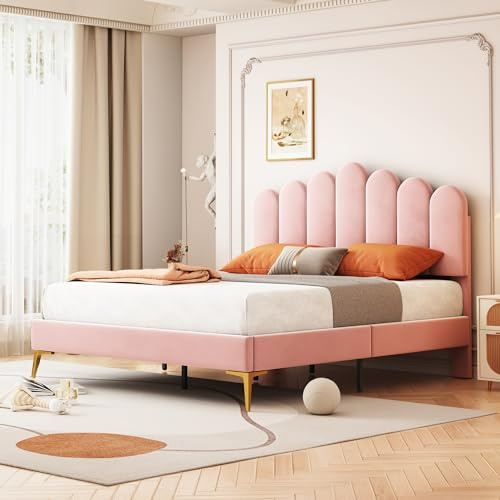 Goeria Letto matrimoniale imbottito 140 x 200 cm, struttura a doghe e testiera, letto per adulti e ragazzi in tessuto di velluto delicato sulla pelle (rosa)