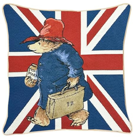 Signare Tapisserie-Kissenbezug, Motiv: Union Jack Paddington Bär, 45 x 45 cm, doppelseitiges dekoratives Sofakissen mit Paspelierung