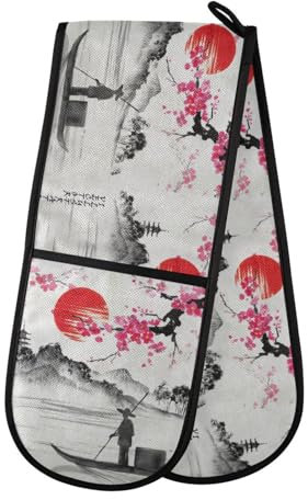 Guantes de horno dobles resistentes al calor, pintura tradicional japonesa, guantes dobles para horno, soporte para ollas, protección contra el calor, guantes de horno para el hogar, cocina, hornear,