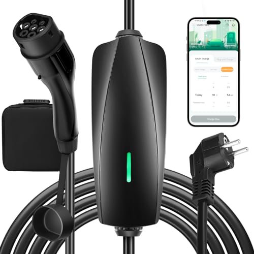 FNRIDS Cavo Ricarica Auto Elettrica Tipo 2,Caricatore EV Tipo 2 6 Metri,8/10/13/16A Corrente Regolabile,Funzione di Ritardo,Telecomando Wi-Fi Bluetooth,Caricatore Auto Elettrica con LED,con Borsa