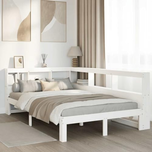 vidaXL bookcase bed - solid pine wood double bed with slatted base and storage bookcase headboard - 135x190 cm white - bedroom space-saving furniture