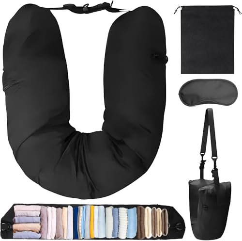 ICHOWHO Stuffable Travel Pillow, 75x15cm Waterproof Stuffable Multifunctional U Shaped Travel Neck Pillow with Adjustable Straps, Eye Mask, Transformable Neck Pillow for Traveling By Car or Plane