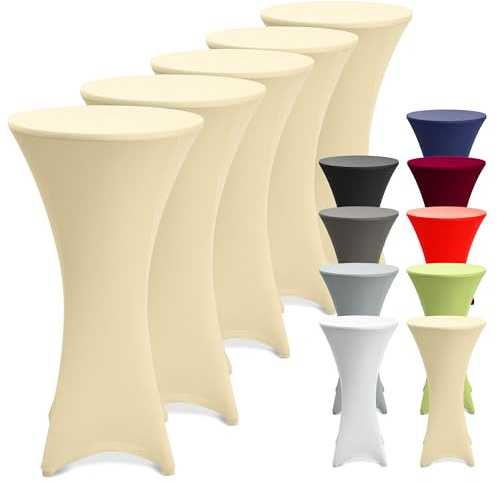 Beautissu 5er Set Stretch Stehtisch Hussen für Stehtische waschbar | 80cm Creme bügelfrei Stehtischhussen Verstärkung Fußbereich Tischhusse Tischdecke rutschfest Bezug Bistro Party Stella