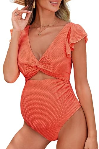 FEOYA Bikini de Grossesse Maillot de Bain d'été Une Pièce avec Taille Haute Swimwear Puffle Trim Twist Front Encolure Bathing Suit S