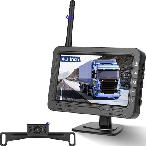 NHOPEEW Kit de caméra de recul sans Fil pour Voiture avec écran 4,3, Lignes de stationnement réglables, caméra de recul pour Voiture étanche IP68, Vision Nocturne, Aucun câblage nécessaire