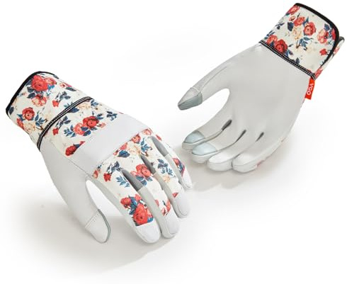 VGO 1 Paar Damen All-in-One Gartenhandschuhe - Ziegenleder Dornenschutz&Touchscreen, Multi-Szenario für Bauernhof/Ranch/Garten/Camping,Rutschfeste Sicherheitsarbeitshandschuhe(1Paar/M/Weiß/GA3561-FM)