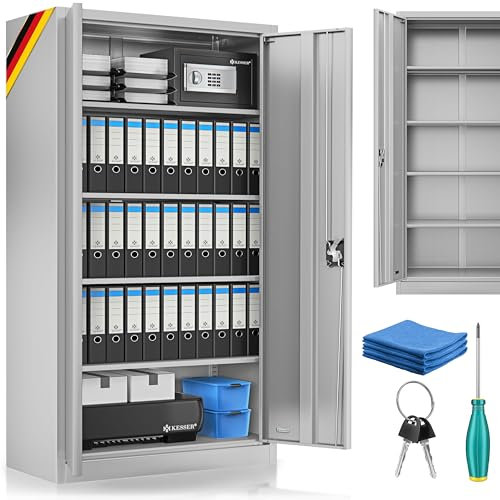 KESSER® Aktenschrank abschließbar mit Flügeltüren 180x60x40cm | Büroschrank aus Stahl mit 4 höhenverstellbaren Einlegeböden | Mehrzweckschrank 5 flexible Fächer, max. 40 kg pro Fach, inkl. 2 Schlüssel