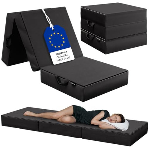 Bellamio Lomme Premium Klappmatratze Schwarz – Gästematratze klappbar, extra hoch 15 cm – Faltmatratze 75x195 cm – Reisematratze waschbar – Faltbare Matratze mit Tragegriffen – Bandscheibenwürfel