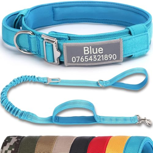 SEOUGEE Tactical Dog Collar Personalised with Handle and Leash Set, Soft Padded Dog Collars with Custom Reflective Name Patch, Pet Collars with Portable Buckle for Medium Large Dogs (Sky Blue Set, XL)