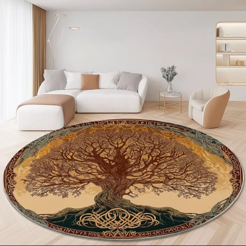 Generisch Runder Teppich mit Lebensbaum Motiv, Keltischer Knoten Wikingerrune Design, Braun Beige, Kurzflor Waschbar rutschfeste Rückseite Teppich für Wohnzimmer Schlafzimmer, 60 cm Durchmesser