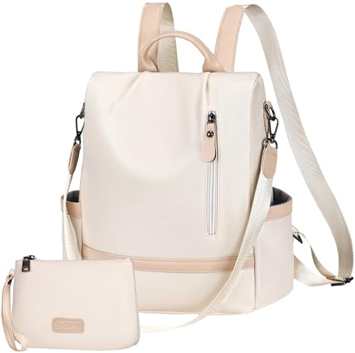 Eshow Rucksack Damen Klein, Anti-Diebstahl Kleiner Cityrucksack Tagesrucksack Elegant, 3 in 1 Rucksackhandtasche mit Clutchbag, Rucksacktasche Modern für Pendeln Schule Arbeit Reise Beige