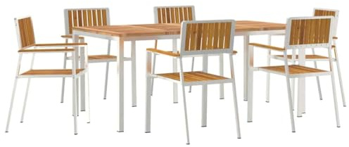 Makastle 7-TLG Garten-Essgruppe, 1 Tisch und 6 Sessel für Balkon, Terrasse, Poolbereich, 180x90x75 cm Grau und Braun Stahl und Akazie Massivholz