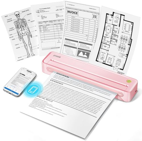 ETIKEZ D90E Portable Thermal Printer A4 Inkless Wireless Travel, Pink | USB link, fits 8.5×11 A4 thermal paper, inkless printer tech, works with phones & laptops, for home car office school use