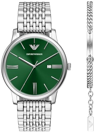 Emporio Armani Herren 42MM Silberfarbene Edelstahl Uhr, AR80087SET