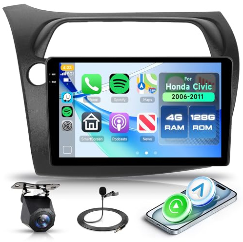 Rimoody 4G+128G Radio Coche Android para Honda Civic 2006-2011 Carplay Wireless, 9 Pantalla IN-Cell Android Auto FM/RDS/EQ Navegación GPS WiFi Control del Volante Bluetooth Mirror Link Cámara Trasera