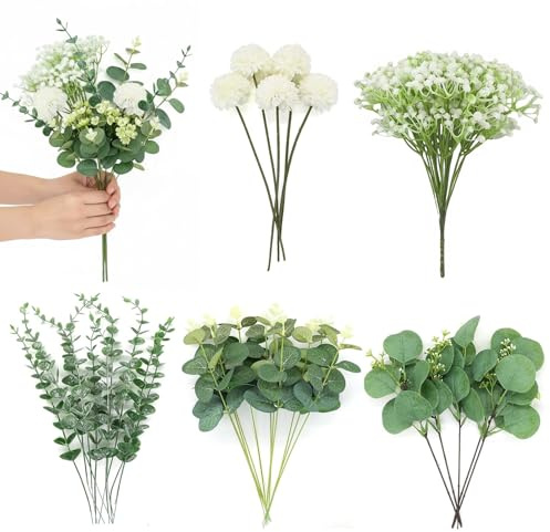 XMDROU 40 Stück Künstliche Zweige & Kunstblumen, Eukalyptus Deko | Mit Dekozweige Schleierkraut Hortensien Blumen, Wiederverwendbar Pflanze Künstlich, für Hochzeitsdeko, Brautstrauß,Gartendeko