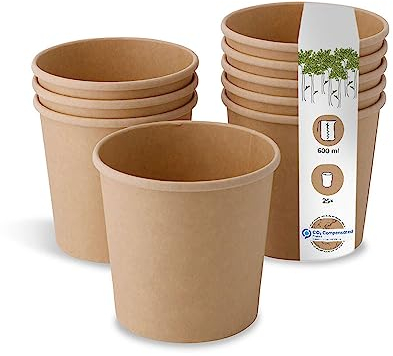 BIOZOYG Bio Pappbecher Speisebecher Kraft-Karton Becher braun I Kompostierbare Becher Suppen-Becher To Go Eisbecher Pappe I 25 Bio Einweg-Becher biologisch abbaubar 600 ml