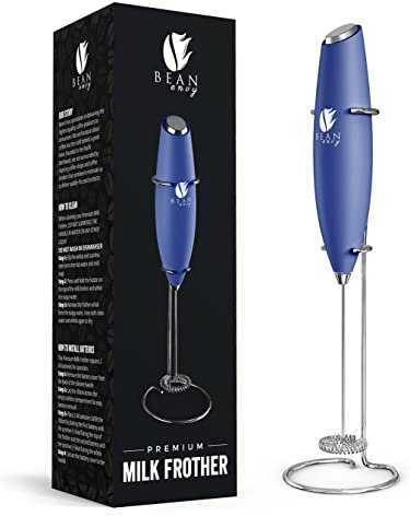 Bean Envy Milk Frother Handheld, Perfect For The Best Latte - Whip Foamer - Includes Stainless Steel Stand - Blue