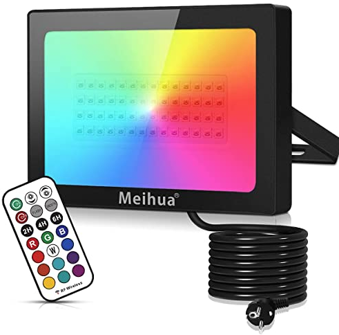 MEIHUA 60W RGB Strahler mit Fernbedienung IP66 Wasserdicht LED Fluter Farbwechsel Dimmbar 10 Farben 12 Modi mit Timer RGB Scheinwerfer Bunt für Garten Disco Baum Landschaft Stimmungslicht
