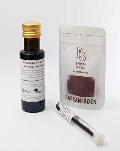 100 ml Pures Vanille-Extrakt ohne Alkohol von PerSaf I 2-fach konzentriert aus Premium Bourbon Vanilleschoten I unverdünnt, zuckerfrei & fair gehandelt I Gratis: 1 Vanilleschote & 0,2 g Safran