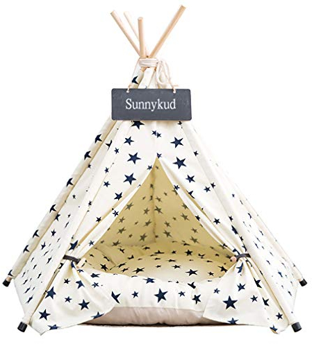 Sunnykud Tipi Zelt für Haustiere Hundezelt Katzenzelt Haustierzelte Häuser mit Kissen Abnehmbar und Waschbar Haustierbett Wegklappen Haustier Hundebett Katzenbett (L:60x60x70cm, Beige)