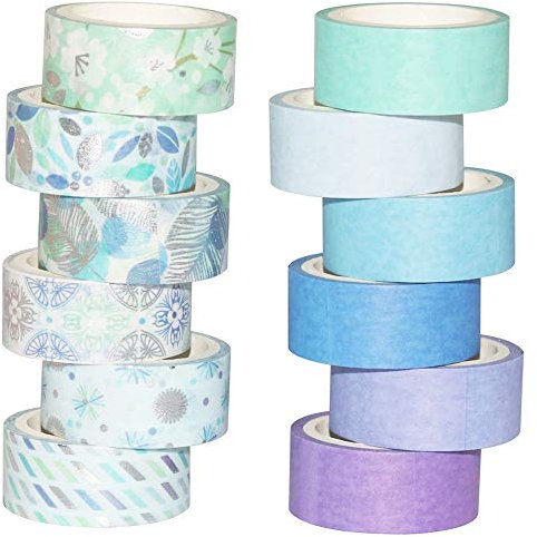Yubbaex Masking tape, 12 rouleaux Washi Tape ruban adhesif decoratif pour Scrapbooking Artisanat de bricolage (Mix Bleu)