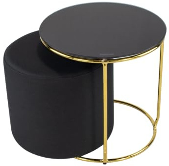 i-flair Nachttisch Beistelltisch mit Hocker Jasper runder Couchtisch und Pouf 40x40 cm N3 Schwarz - Gold - Schwarz