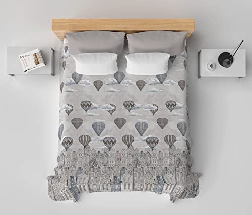 HomeLife Copriletto Matrimoniale Estivo Cotone Made In Italy [260x280] | Coperta Cotone Leggera per Letto Matrimoniale | Copri Letto due Piazze con Fantasia Città e Mongolfiere | Beige