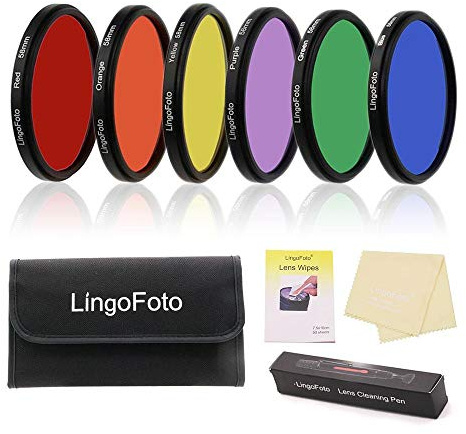 LingoFoto 6pcs Round Full Color Lens Filter Set Red Orange Yellow Green Blue Purple+ 6 Pockets Filter Pouch+3 Lens Cleaning Tool (46mm)