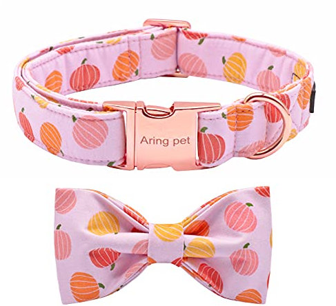 ARING PET Bowtie Dog Collar, Cute Halloween Dog Collar with Removable Bow, Adjustable Soft Pink Pumpkin Dog Collars for Small Medium Large Dogs.