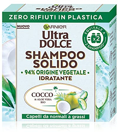 Garnier Ultra Dolce Shampoo aus Kokosnuss und Aloe Vera, für normales bis fettiges Haar, mit 100% umweltfreundlicher, plastikfreier Verpackung, 60 g