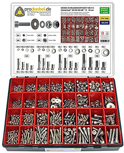 Großes Schrauben-Sortiment DIN 912 Zylinderkopf M4/M5/M6/M8 Edelstahl A2 V2A (DIN912+934+985+125+9021) 1751-tlg (Deluxe-Box)