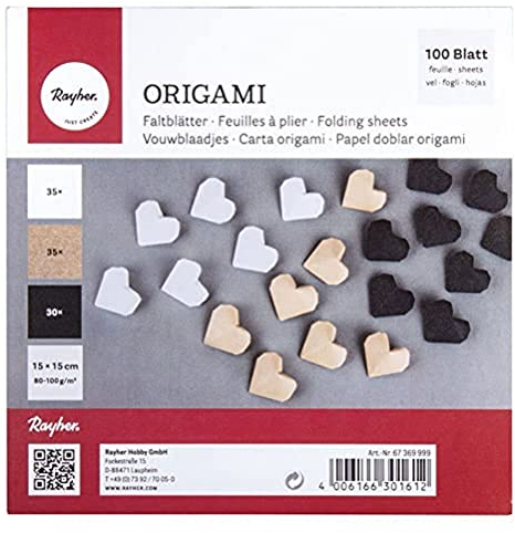 Rayher Origami-Faltblätter, 100 Blatt sortiert, 15 x 15 cm, 80-100 g/m2, 3 Farben sortiert, scharz/weiß/kraft, beidseitig, Bastel-Faltpapier für Kinder und Erwachsene, 67369999