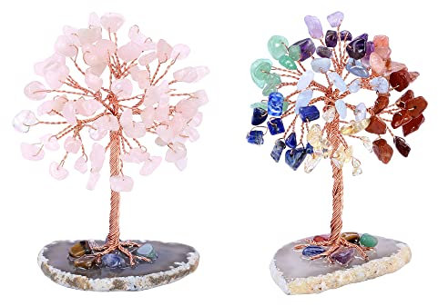 Jovivi Mini Albero della Vita Soprammobile in Cristallo FengShui Decorazione Portafortuna Albero di Cristallo Ornamneto Pietra Regalo-7 Colori+Quarzo Rosa