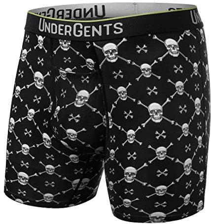 UnderGents Men's 6” Leg Boxer Brief Underwear with Horizontal Fly & Ultra-Soft Comfort, Skulls X Bones, M