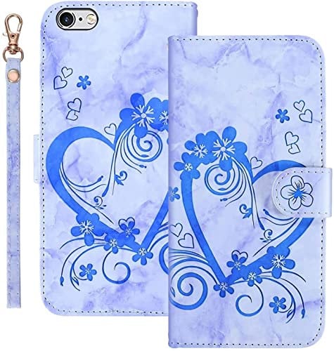 Tiyoo Flip Phone Case for iPhone 6/ iPhone 6s, Marble PU Leather Wallet Case with Embossed Love Heart Floral Pattern, Card Slots, Wrist Strap and Flower Magnetic Clourse Phone Cover (Blue)