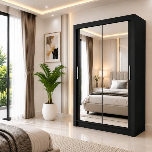 IE INTERIOR EMPORIUM Milan Full Mirror Double Sliding Door Wardrobe (or three in the 250cm size) With Shelves, Hanging Rails and LED Light in 6 Sizes & 4 Colors (120cm, Black)
