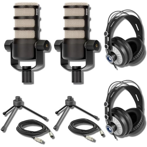 Rode PodMic Dynamic Podcast Microphone (Pair) with Gator GFW-MIC-0250 Desktop Mic Stands, TH-02 Podcast Headphones, XLR Cables and StreamEye Polishing Cloth