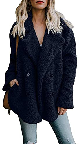 Yming Zweireihiger Teddy Fleece Jacke Für Damen Revers Kunstpelz Plüsch Lammfell Jacke Navy Blau 4XL