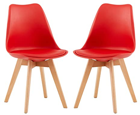 H.J WeDoo 2er Set Küchenstühle Esszimmerstühle Modern Esszimmermöbel, mit Massivholz Buchenholz Bein und Kissen aus PU-Leder, Rot